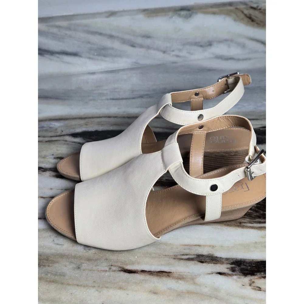 Franco Sarto Annika Cream Leather Low Wedge‎ Sandals Mens 10M Ivory Buckle Strap